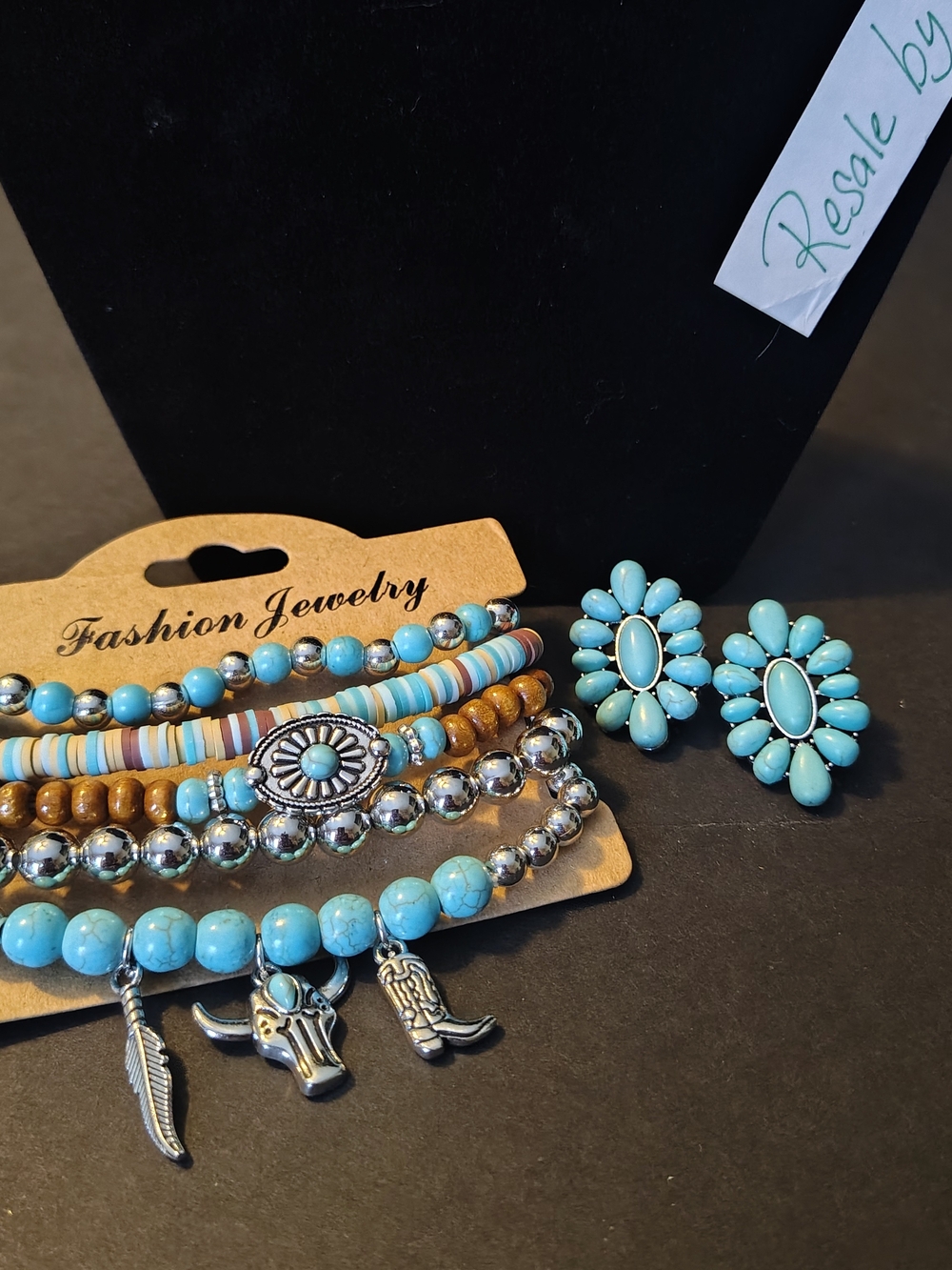 Turquoise Bead Bracelet Stack with Flower Earrings - Fashion Jewelry